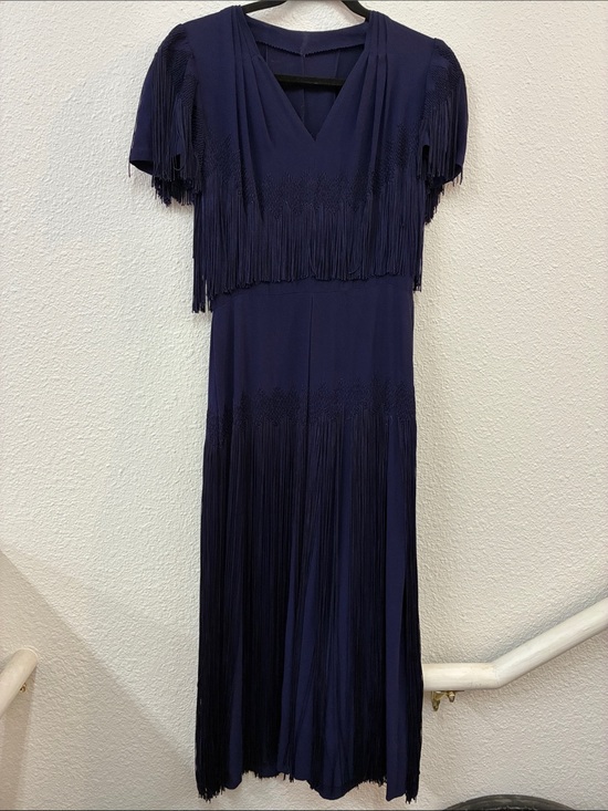 Vintage Dresses & Skirts - Vintage Crepe 1930's 1920's Navy Blue HEAVY FRINGE Midi Dress Secretary Small